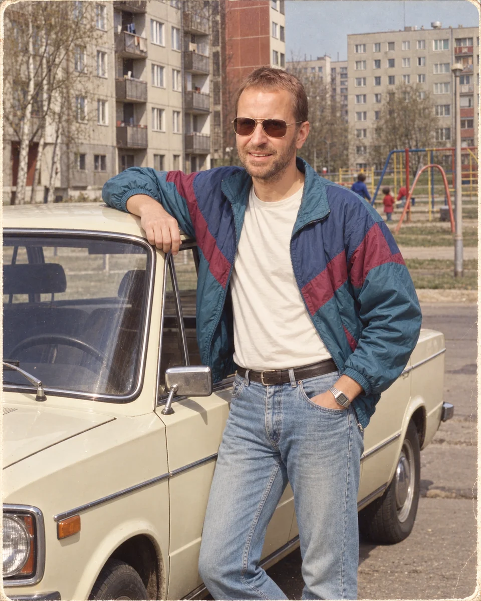 Honza ve slunečních brýlích a barevné bundě u auta před panelovými domy v roce 1985.
